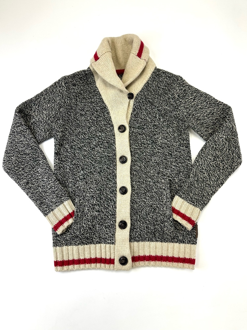 Roots Cabin Wool Blend Shawl Collar Marled Cardigan Womens Small Cozy Canadian